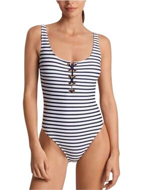 Lauren Ralph Lauren Striped Lace Up One Piece Swimsuit Size 10 NWT